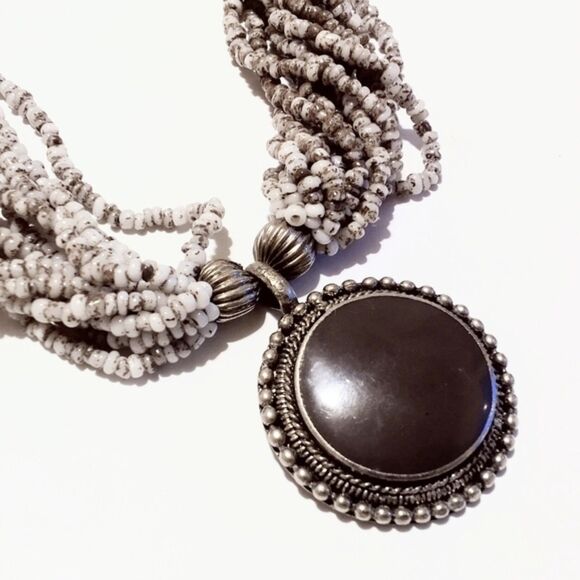 Lavender Seed Bead Multi Strand Necklace with Purple Enamel Pendant - Picture 4 of 5